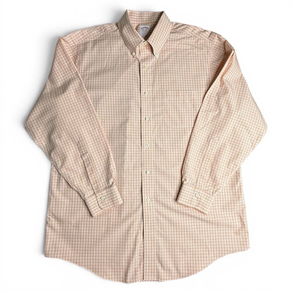 Brooks Brothers Madison Shirt L 16.5 34 NonIron Supima Cotton Gingham Orange